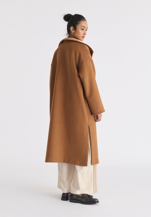Two-Tone Double Breasted Wool Blend Coat in Brown Back